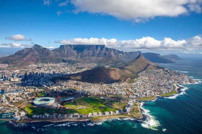 Aerial photo of Cape Town South Africa, overlooking Table Mountain and Lions Head